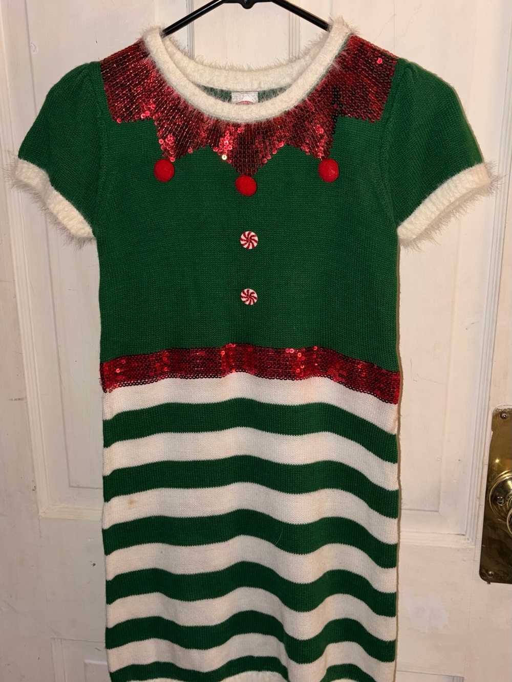 Holiday Time Green and White Striped Elf Dress with Red Sequin Accents